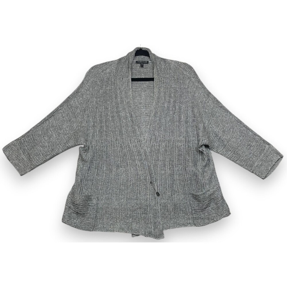 Eileen Fisher Linen Silk Cardigan Womens XL Gray Open Front Lagenlook Minimalist